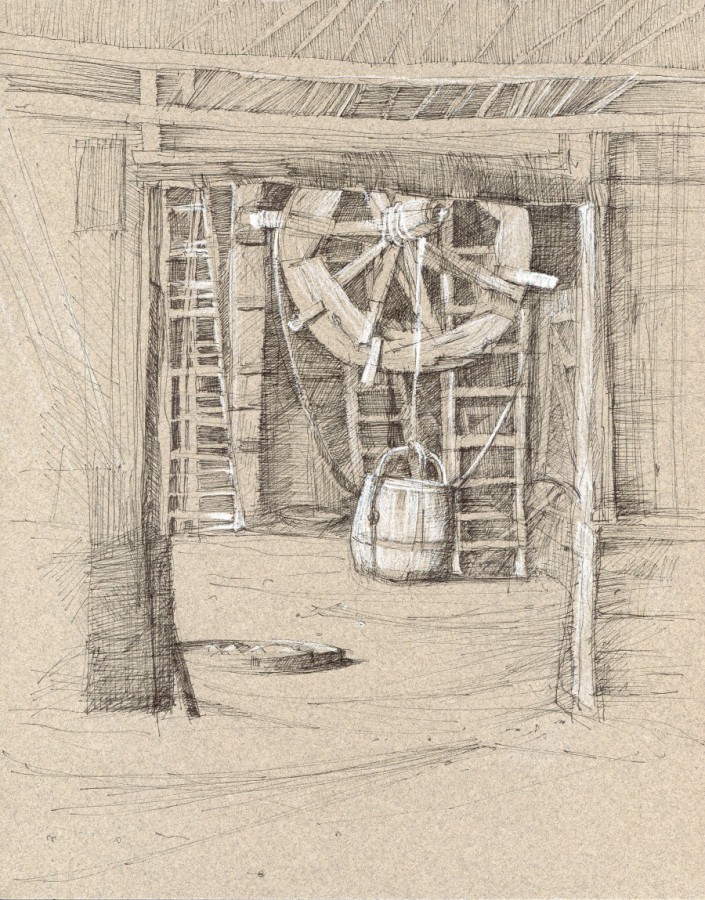 Winch, Herring Shed,  Pen and Ink on Toned Paper, 10" x 12" by Aleda O'Connor