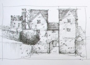 Pen and ink Drawing of gate to Lismore Castle.
