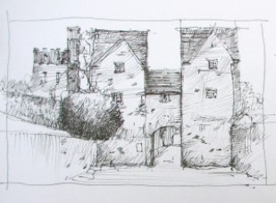 Pen and ink Drawing of gate to Lismore Castle.