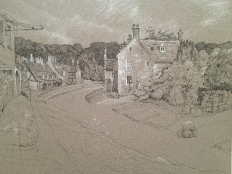 Broadway Village, Cotswolds England  9" x 12" Pen, Ink and White Charcoal on Toned Paper