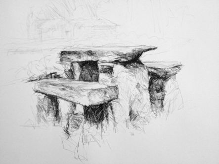 Stone Table and Benches, Gould Farm Carbon Pencil on Paper 18" x 24"