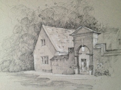 Stanway House, Cotswold District England 9" x 12" Pen, Ink and White Charcoal on Toned Paper