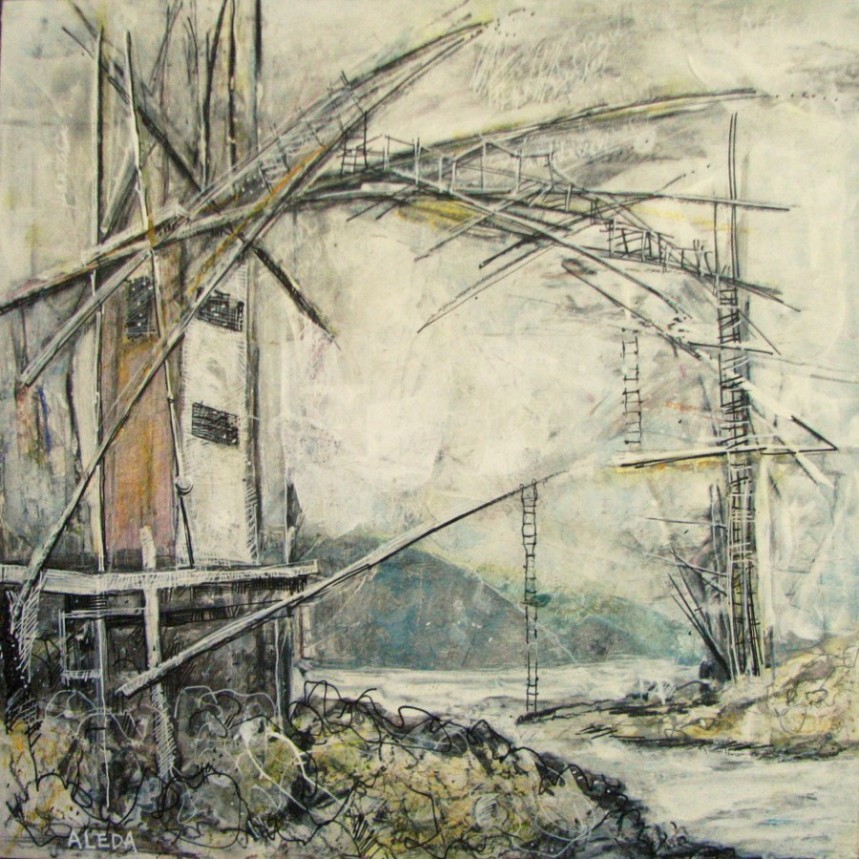 Dark Harbour Span Concept Looking South, Mixed Media  12" x 12" by Aleda O'Connor