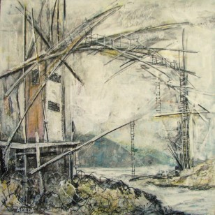 Dark Harbour Span Concept Looking South, by Aleda O'Connor, mixed media 12" x12"
